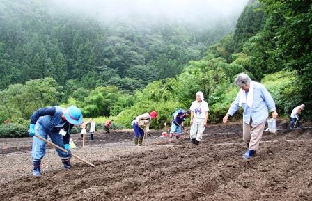 画像：名人の指導で種まき開始です